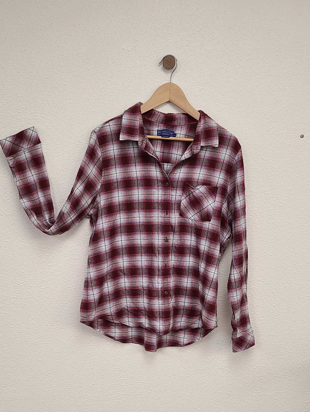 Pendleton Burgundy and White Plaid Button-Down Shirt. Size XL